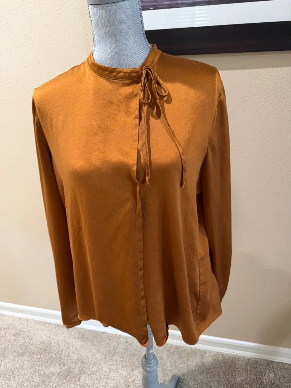 Vince Silk Tie-Neck Popover Blouse in Burnt Orange / Copper - Size L - Picture 4 of 6